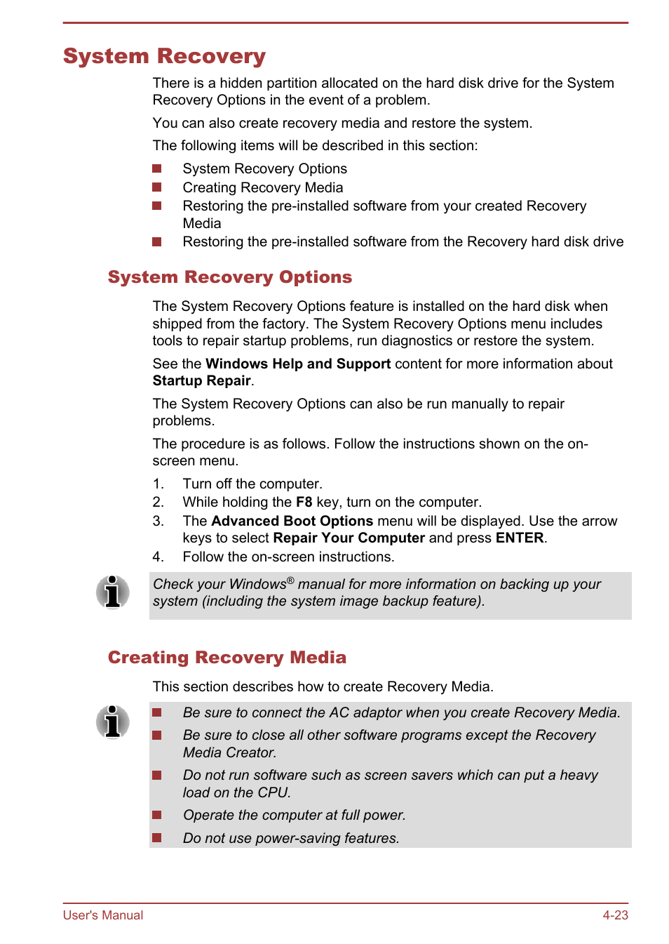 System recovery, System recovery options, Creating recovery media | System recovery -23 | Toshiba Portege R930 User Manual | Page 140 / 195