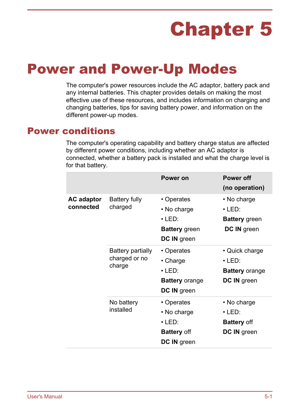 Chapter 5 power and power-up modes, Power conditions, Chapter 5 | Power and power-up modes, Power conditions -1, Please refer to chapter 5, Power and power-up, Modes, For more information on this feature, Power | Toshiba Portege R930 User Manual | Page 145 / 195