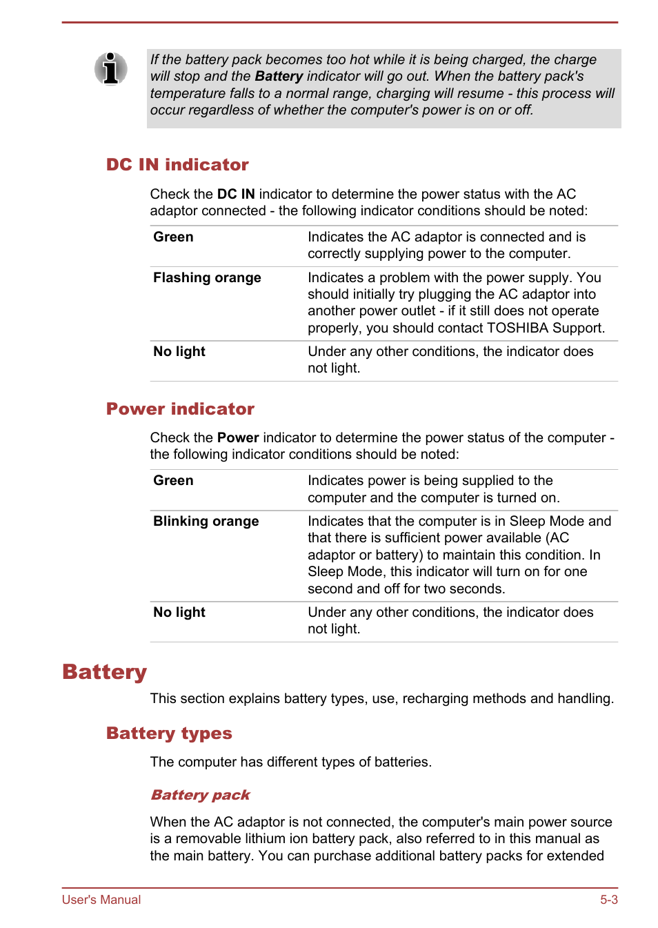 Dc in indicator, Power indicator, Battery | Battery types, Battery -3 | Toshiba Portege R930 User Manual | Page 147 / 195
