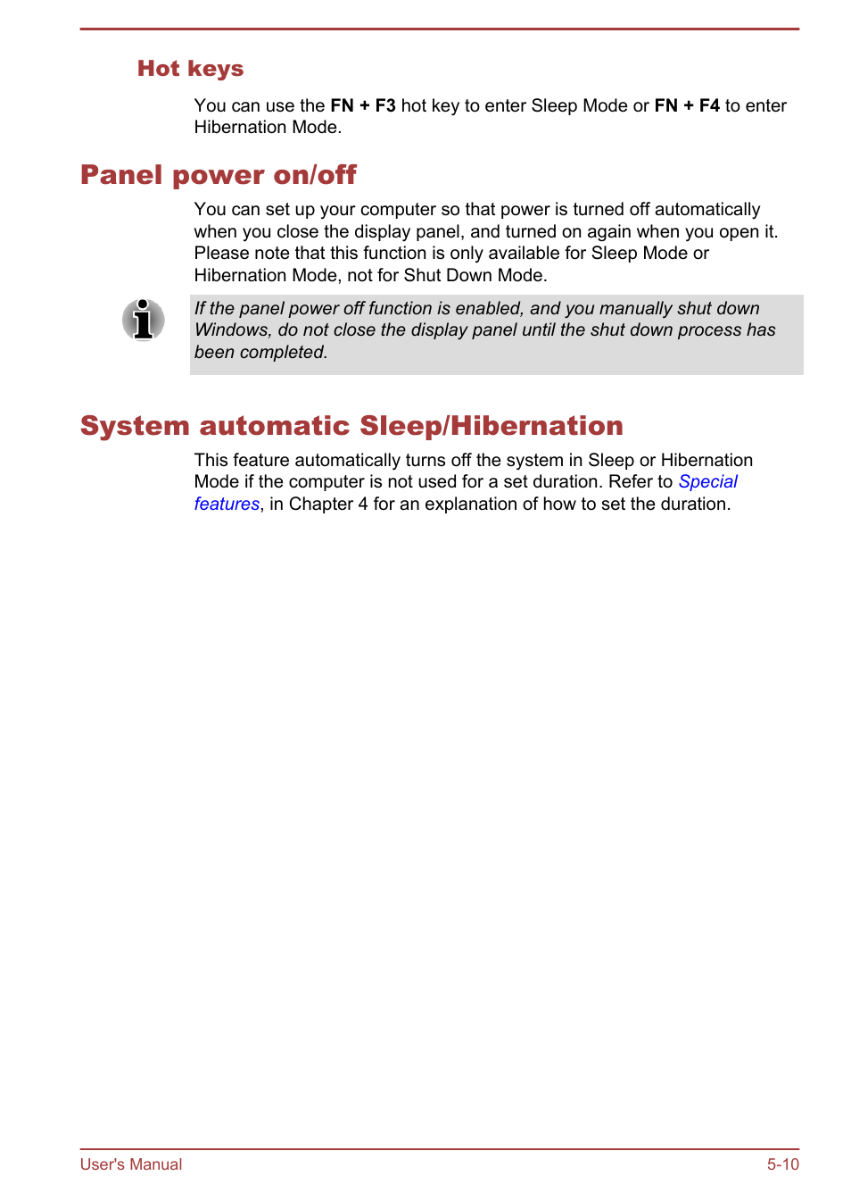 Hot keys, Panel power on/off, System automatic sleep/hibernation | Toshiba Portege R930 User Manual | Page 154 / 195