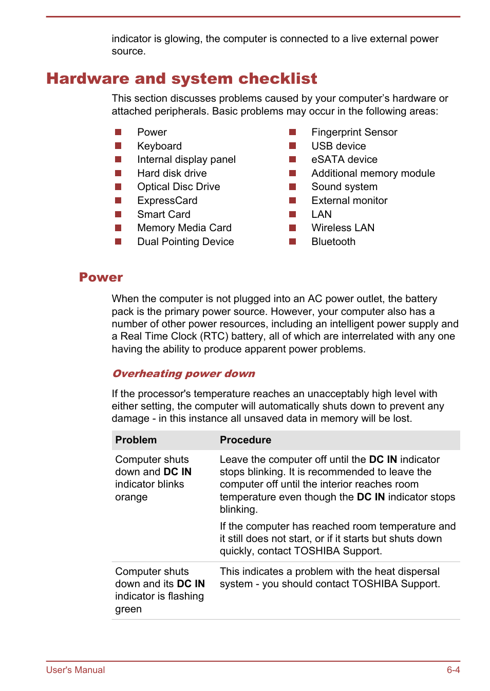 Hardware and system checklist, Power, Hardware and system checklist -4 | Toshiba Portege R930 User Manual | Page 158 / 195