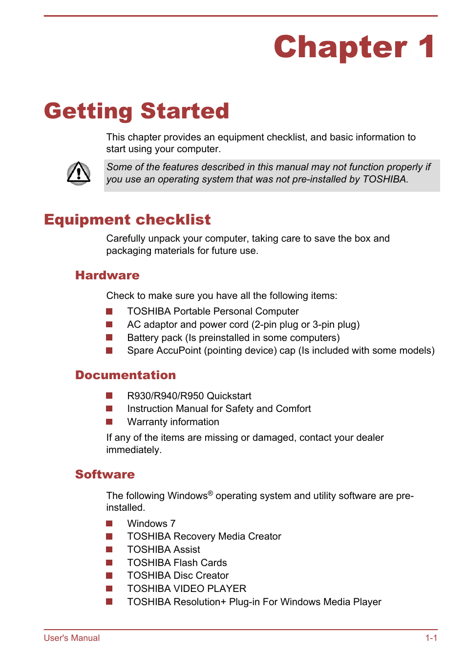 Chapter 1 getting started, Equipment checklist, Hardware | Documentation, Software, Chapter 1, Getting started, Equipment checklist -1 | Toshiba Portege R930 User Manual | Page 17 / 195