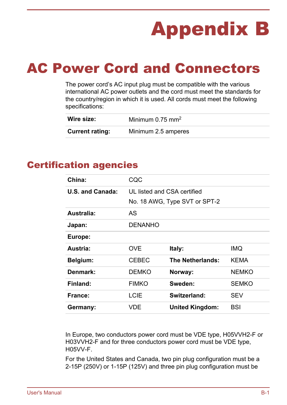 Appendix b ac power cord and connectors, Certification agencies, Appendix b | Ac power cord and connectors | Toshiba Portege R930 User Manual | Page 176 / 195