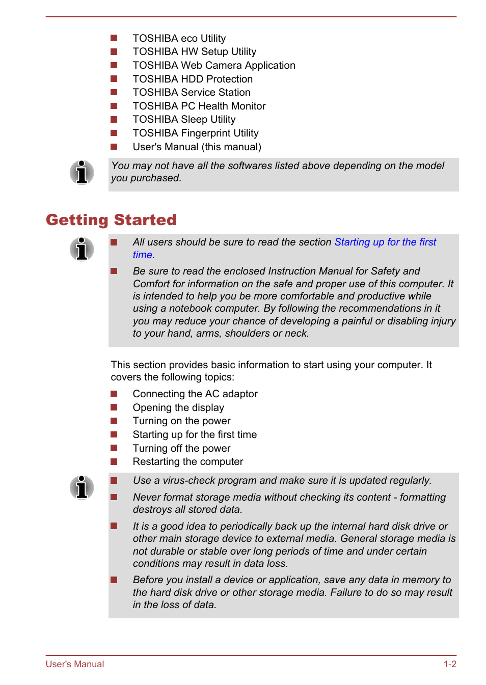 Getting started, Getting started -2 | Toshiba Portege R930 User Manual | Page 18 / 195