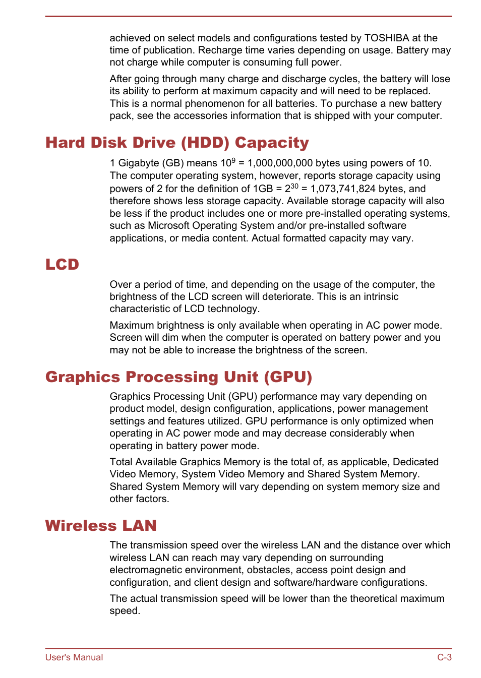 Hard disk drive (hdd) capacity, Graphics processing unit (gpu), Wireless lan | Toshiba Portege R930 User Manual | Page 180 / 195