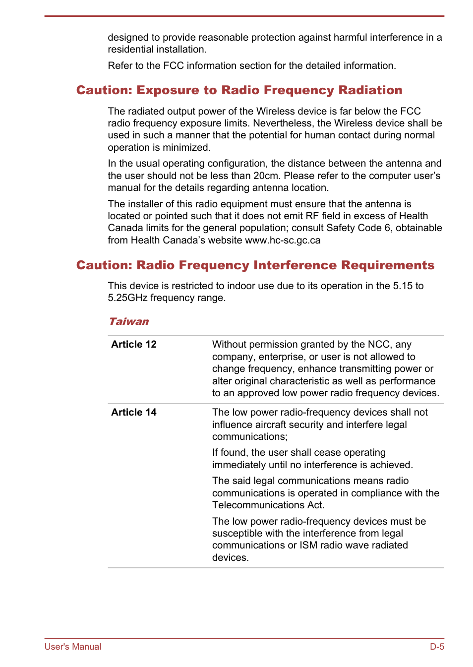 Caution: exposure to radio frequency radiation, Caution: radio frequency interference requirements | Toshiba Portege R930 User Manual | Page 186 / 195