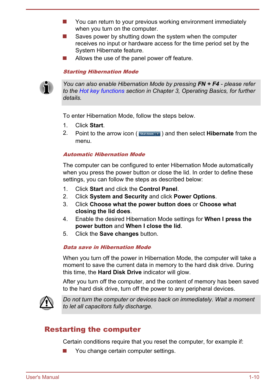 Restarting the computer | Toshiba Portege R930 User Manual | Page 26 / 195