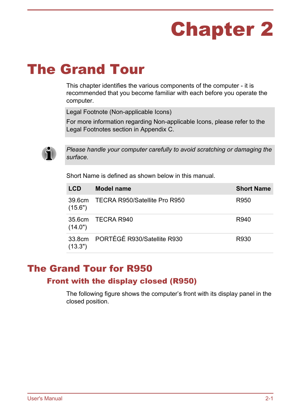 Chapter 2 the grand tour, The grand tour for r950, Front with the display closed (r950) | Chapter 2, The grand tour, The grand tour for r950 -1 | Toshiba Portege R930 User Manual | Page 28 / 195