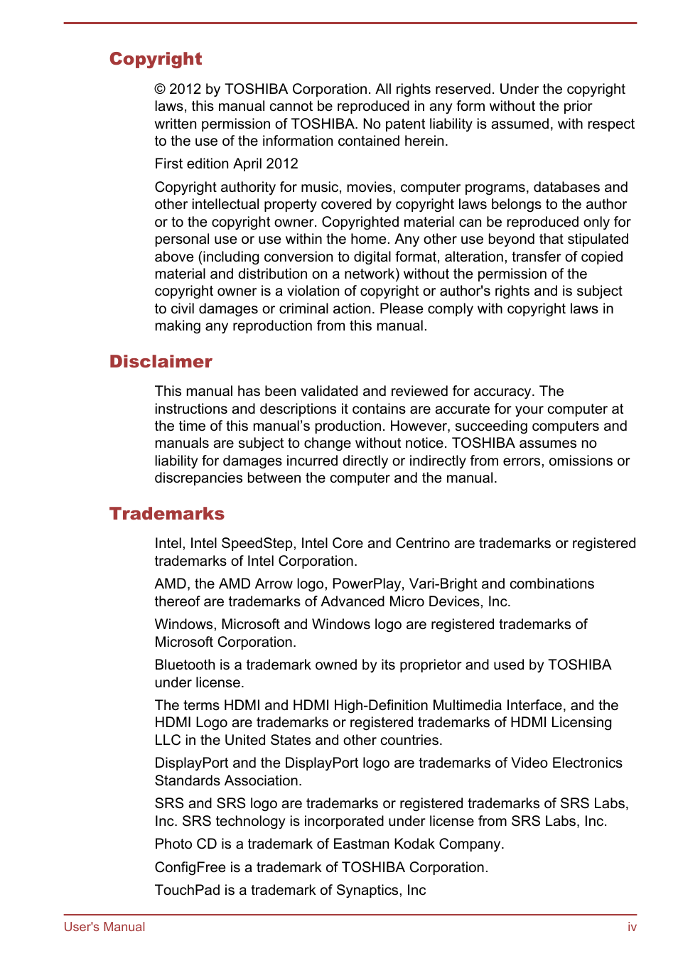 Toshiba Portege R930 User Manual | Page 4 / 195