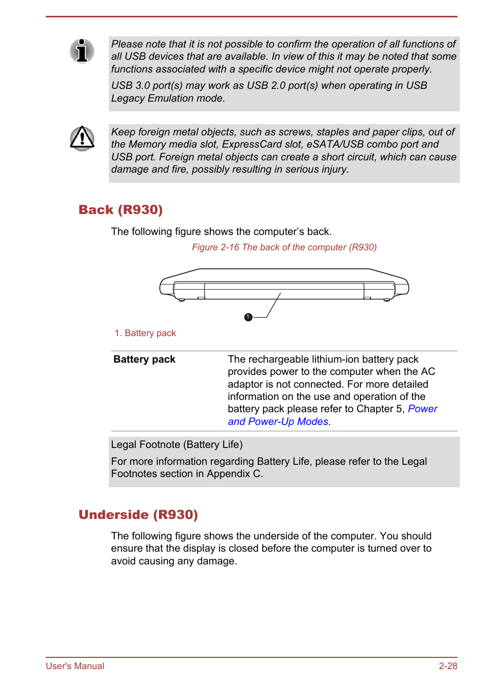 Back (r930), Underside (r930) | Toshiba Portege R930 User Manual | Page 55 / 195