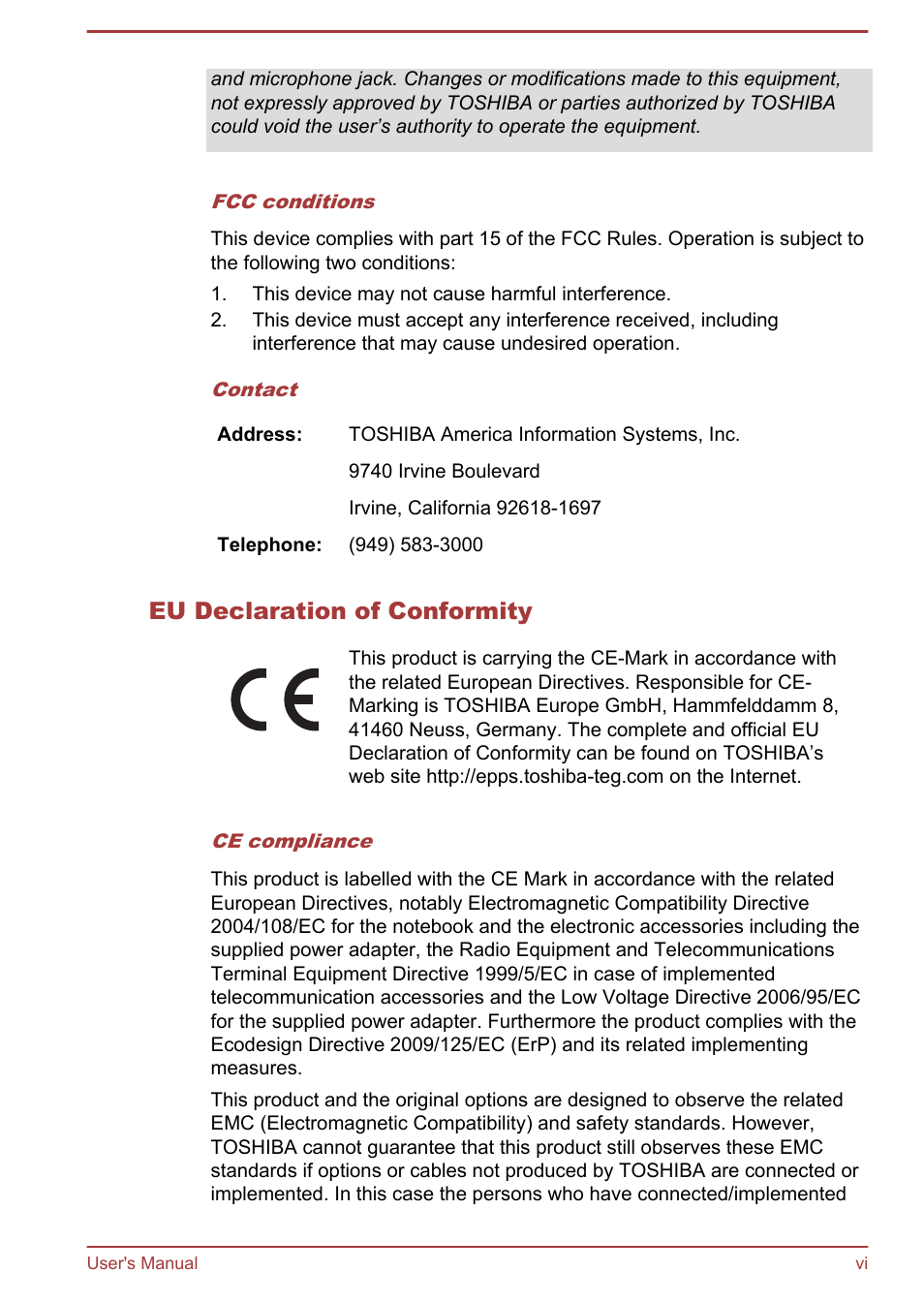 Eu declaration of conformity | Toshiba Portege R930 User Manual | Page 6 / 195