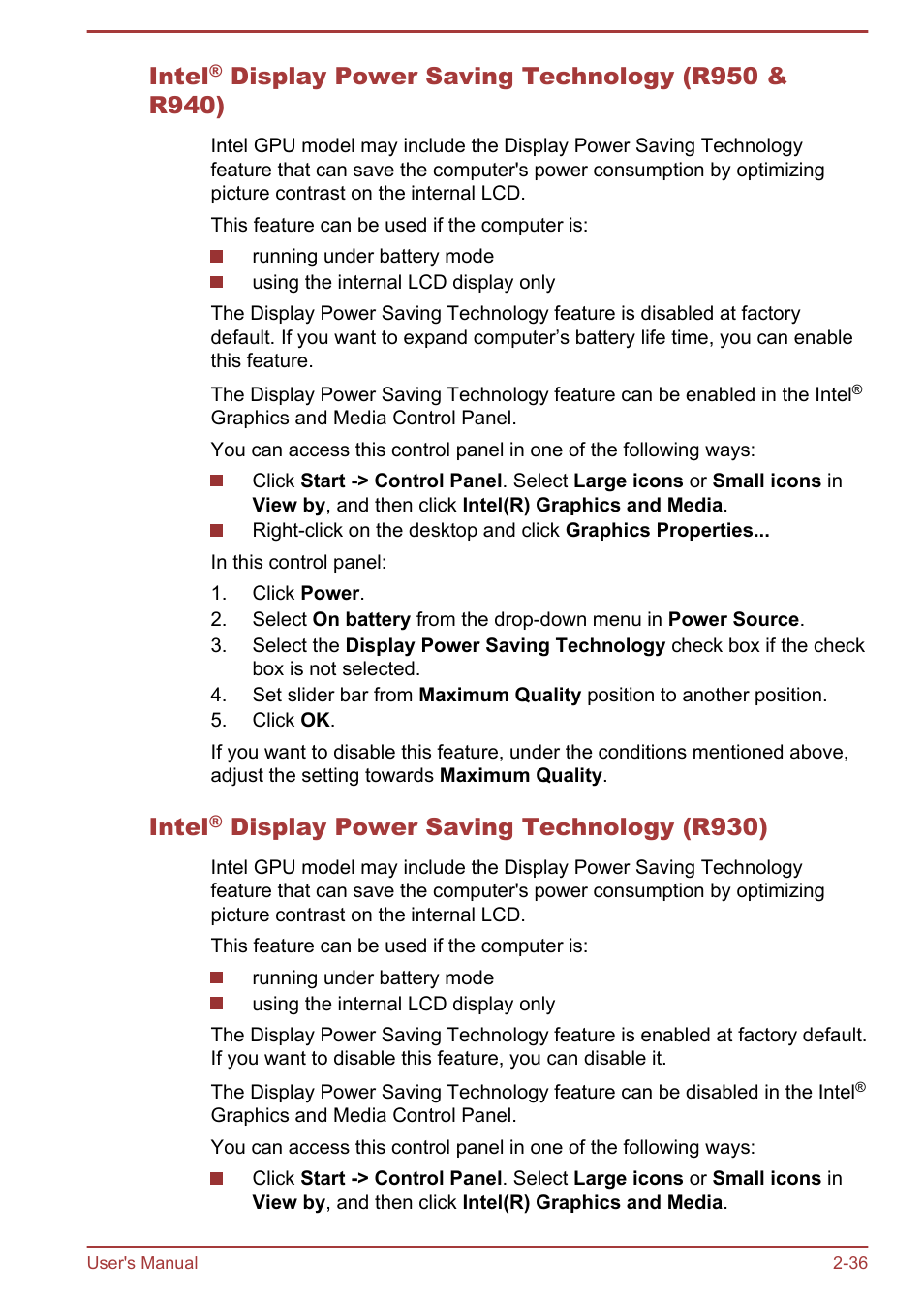 Intel® display power saving technology (r930), Intel, Display power saving technology (r930) | Toshiba Portege R930 User Manual | Page 63 / 195