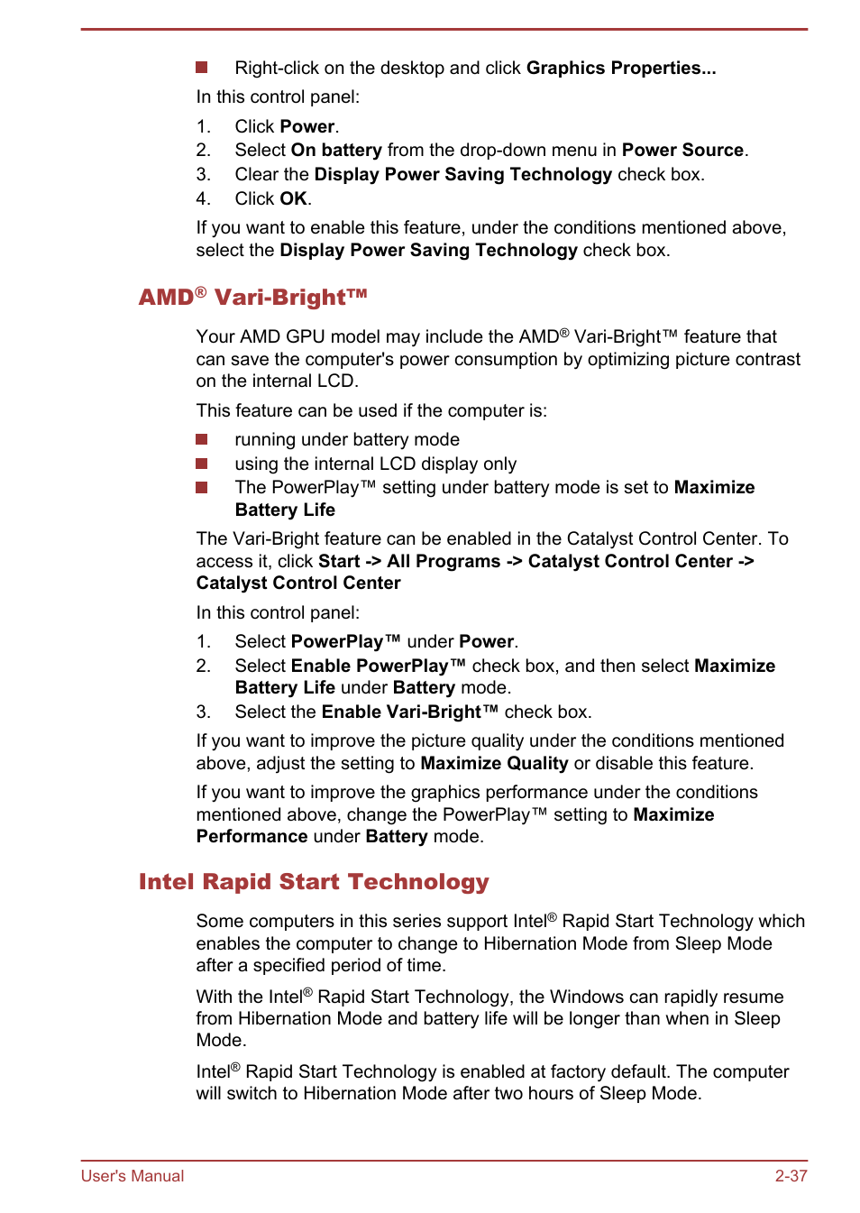 Amd® vari-bright, Intel rapid start technology, Vari-bright | Toshiba Portege R930 User Manual | Page 64 / 195