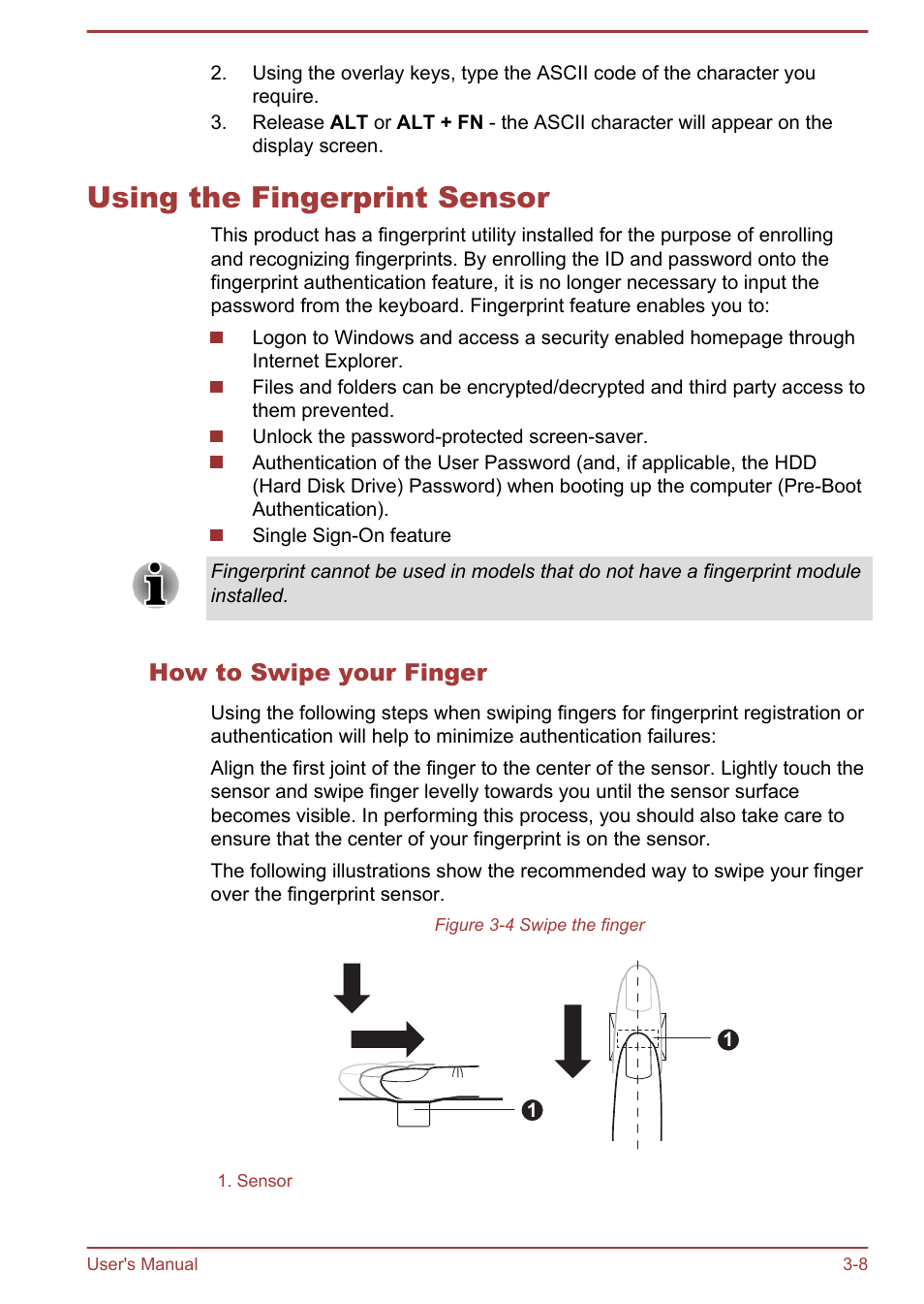 Using the fingerprint sensor, How to swipe your finger, Using the fingerprint sensor -8 | Using the, Fingerprint sensor | Toshiba Portege R930 User Manual | Page 73 / 195