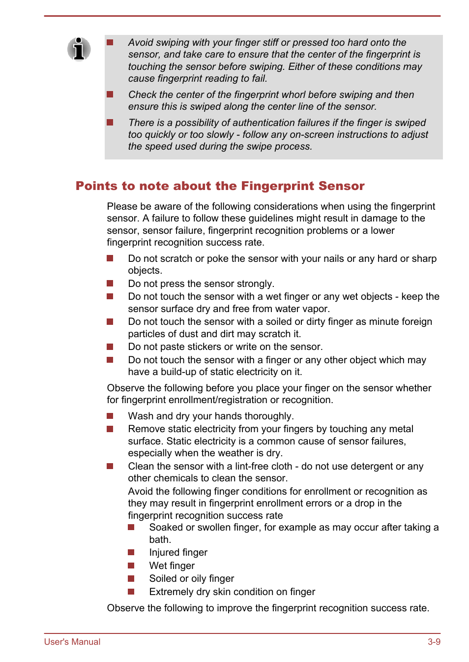 Points to note about the fingerprint sensor | Toshiba Portege R930 User Manual | Page 74 / 195