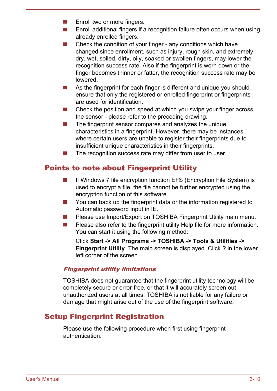 Points to note about fingerprint utility, Setup fingerprint registration | Toshiba Portege R930 User Manual | Page 75 / 195