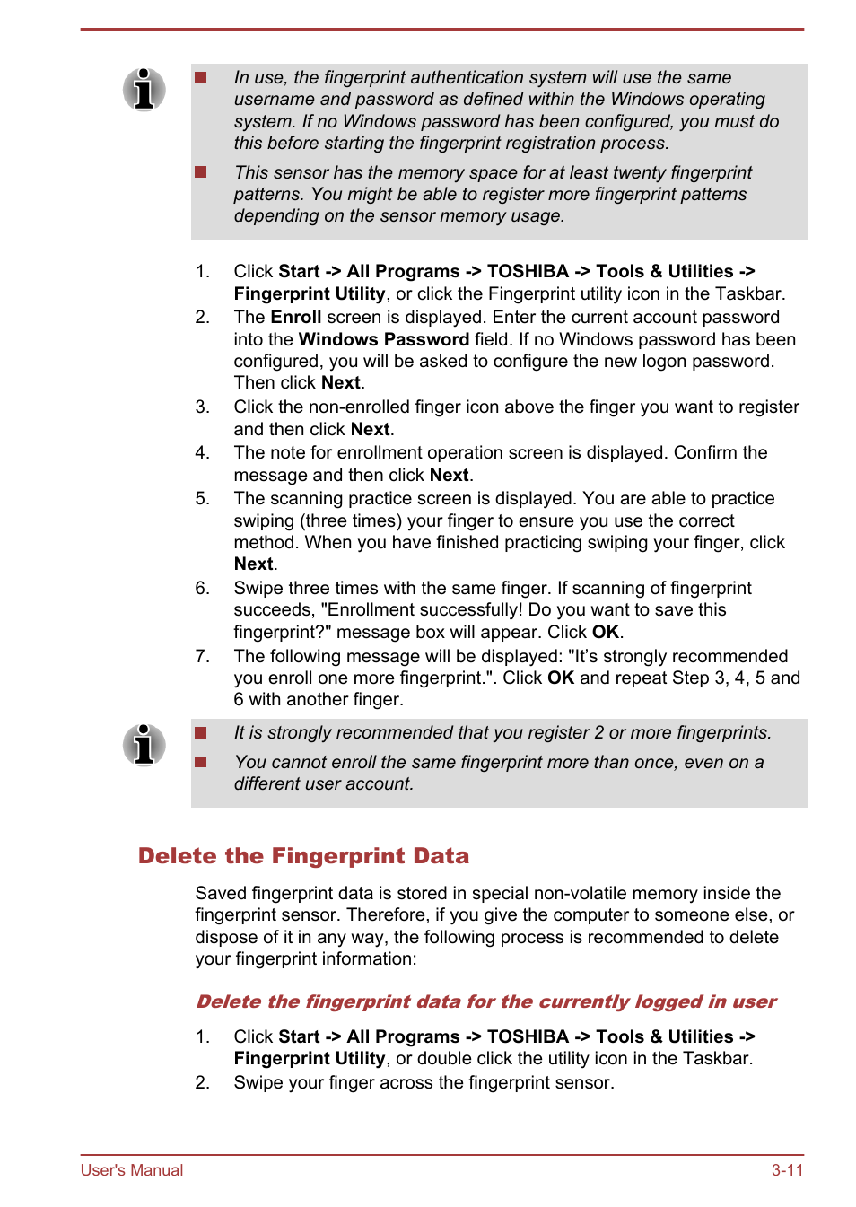 Delete the fingerprint data | Toshiba Portege R930 User Manual | Page 76 / 195