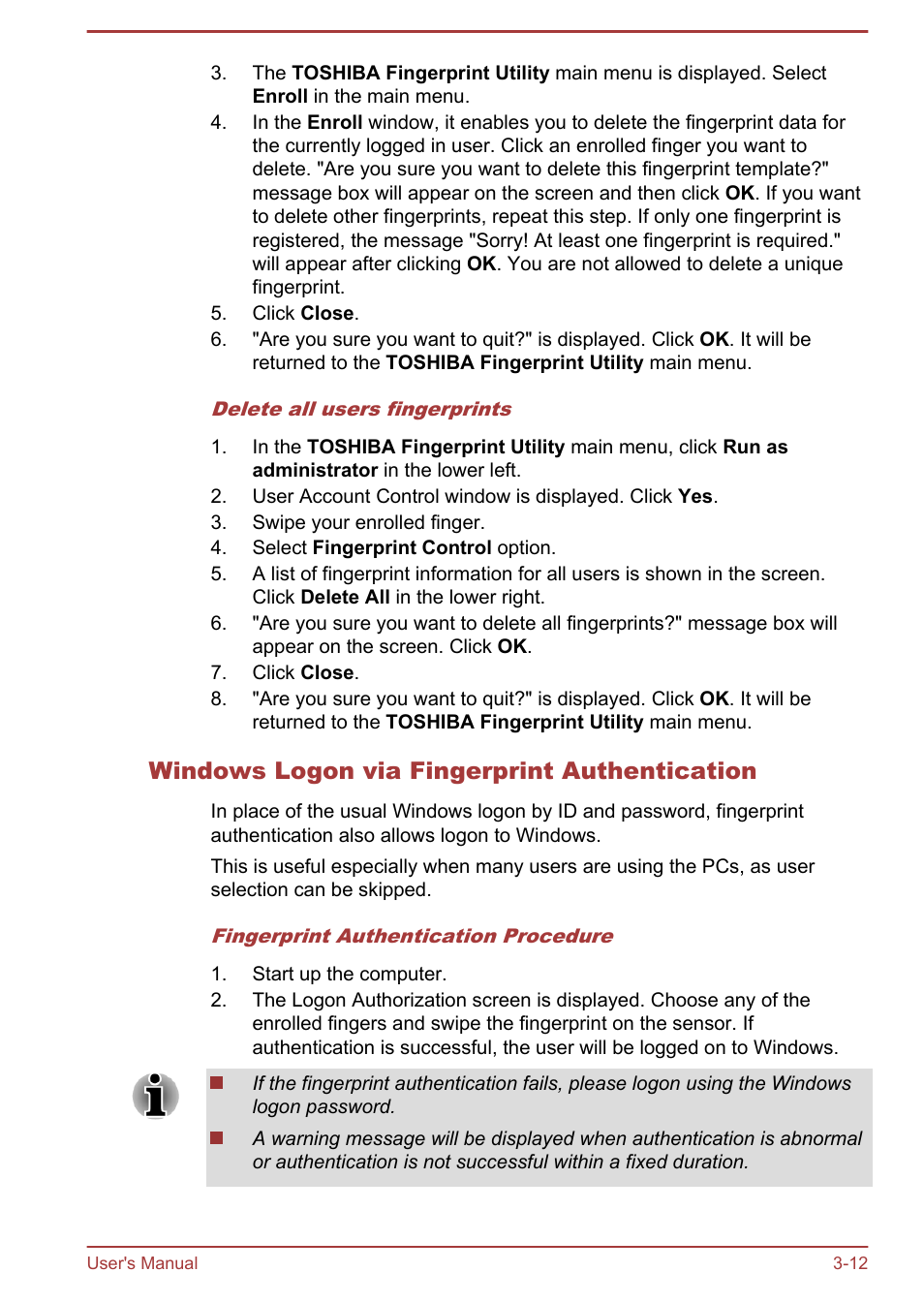 Windows logon via fingerprint authentication | Toshiba Portege R930 User Manual | Page 77 / 195
