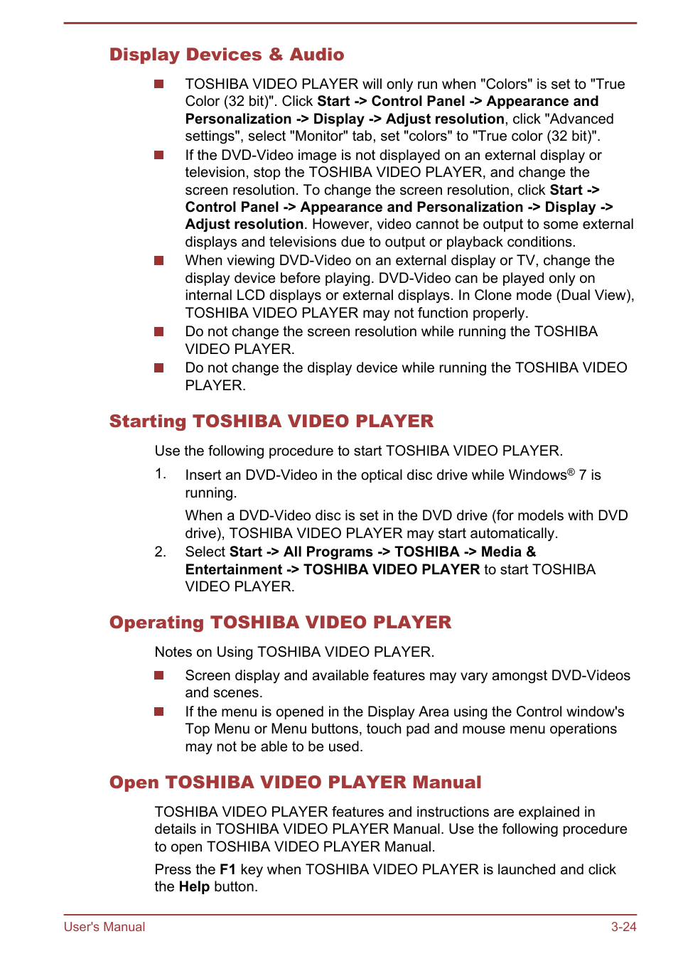 Display devices & audio, Starting toshiba video player, Operating toshiba video player | Open toshiba video player manual | Toshiba Portege R930 User Manual | Page 89 / 195