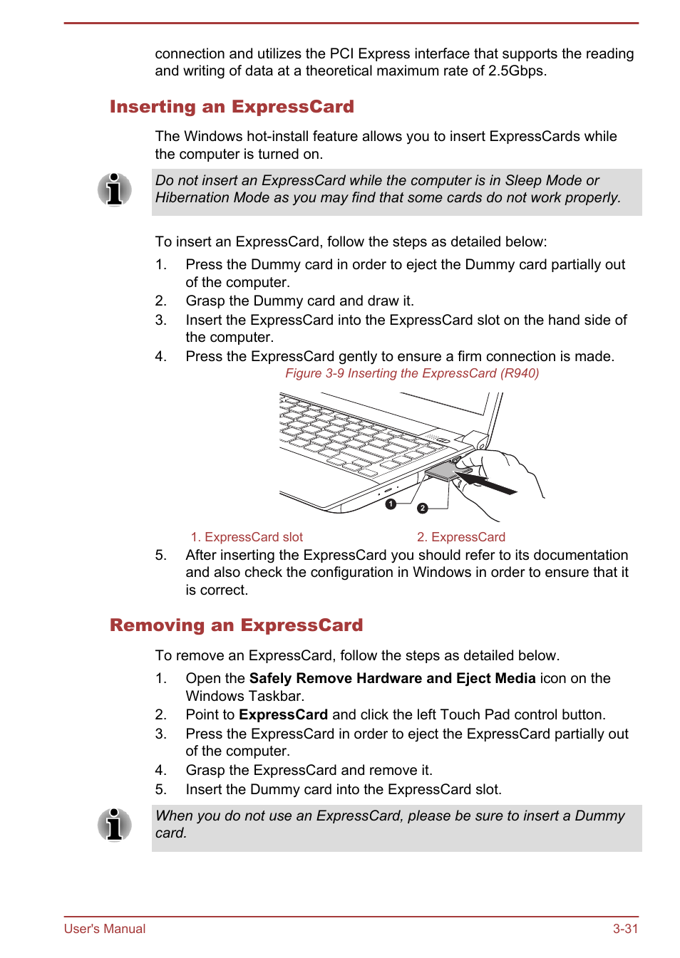 Inserting an expresscard, Removing an expresscard | Toshiba Portege R930 User Manual | Page 96 / 195