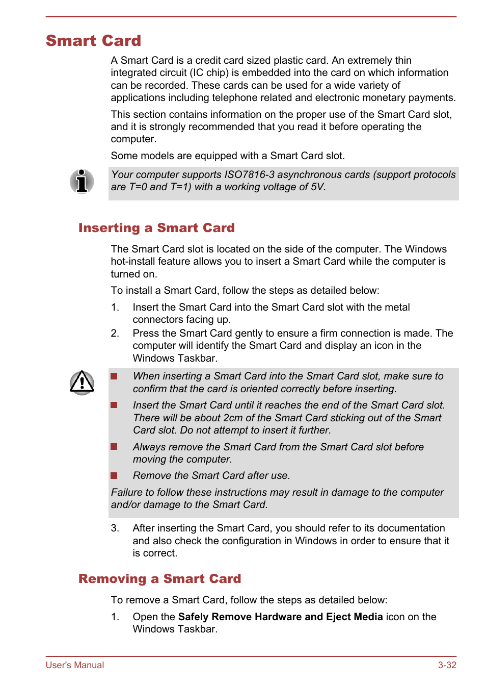 Smart card, Inserting a smart card, Removing a smart card | Smart card -32 | Toshiba Portege R930 User Manual | Page 97 / 195