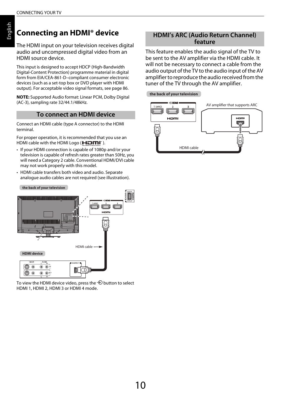 Connecting an hdmi® device, To connect an hdmi device, Hdmi’s arc (audio return channel) feature | Toshiba XL975 User Manual | Page 10 / 92