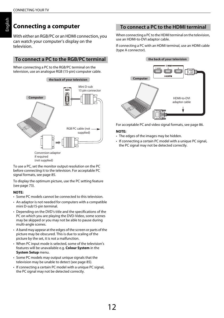 Connecting a computer, To connect a pc to the rgb/pc terminal, To connect a pc to the hdmi terminal | Toshiba XL975 User Manual | Page 12 / 92