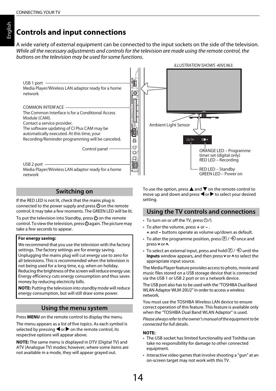 Controls and input connections, Switching on, Using the menu system | Using the tv controls and connections | Toshiba XL975 User Manual | Page 14 / 92