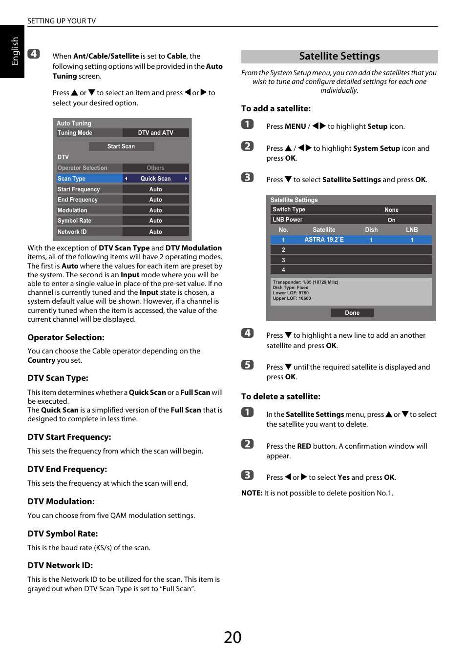 Satellite settings | Toshiba XL975 User Manual | Page 20 / 92