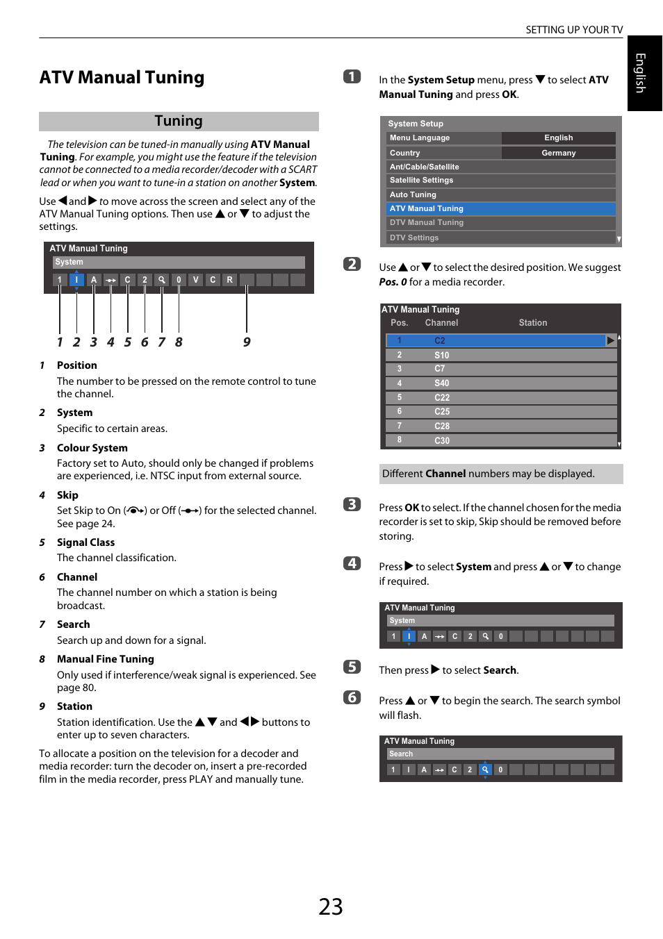 Atv manual tuning, Tuning, Engl ish | Toshiba XL975 User Manual | Page 23 / 92