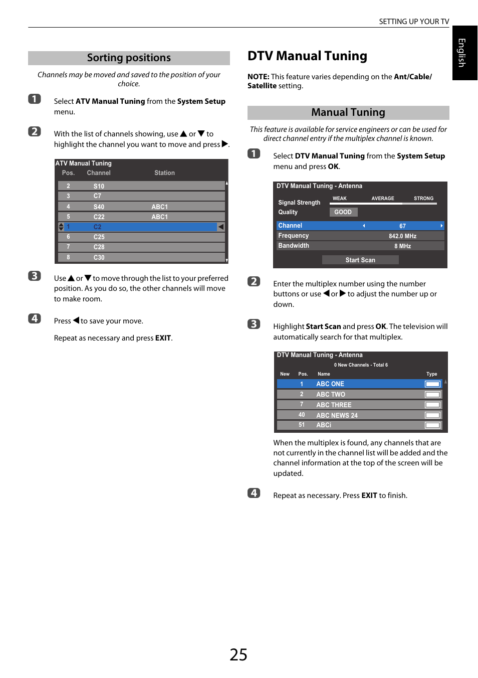 Sorting positions, Dtv manual tuning, Manual tuning | Engl ish | Toshiba XL975 User Manual | Page 25 / 92