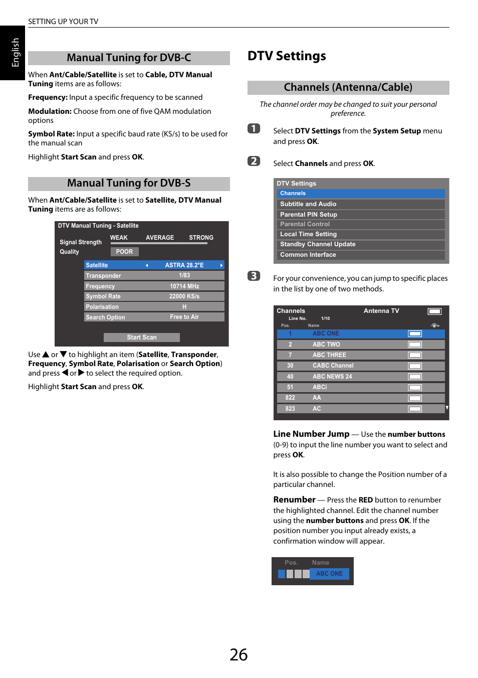 Manual tuning for dvb-c, Manual tuning for dvb-s, Dtv settings | Channels (antenna/cable), Manual tuning for dvb-c manual tuning for dvb-s, En glis h, Line number jump, Renumber | Toshiba XL975 User Manual | Page 26 / 92