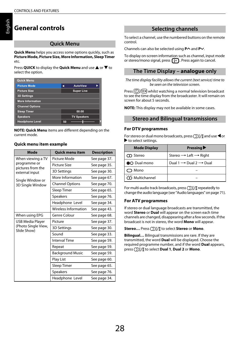 Controls and features, General controls, Quick menu | Selecting channels, The time display – analogue only, Stereo and bilingual transmissions | Toshiba XL975 User Manual | Page 28 / 92