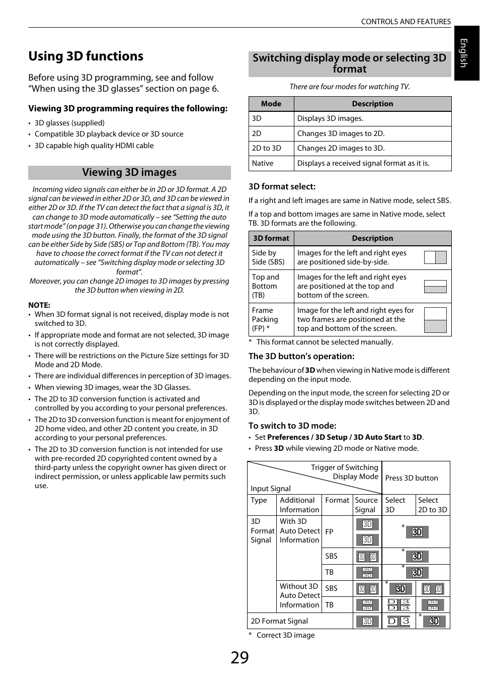 Using 3d functions, Viewing 3d images, Switching display mode or selecting 3d format | Engl ish | Toshiba XL975 User Manual | Page 29 / 92