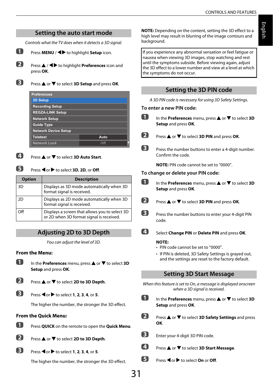 Setting the auto start mode, Adjusting 2d to 3d depth, Setting the 3d pin code | Setting 3d start message, Ee “setting the auto, Start mode, Setting the 3d pin code setting 3d start message | Toshiba XL975 User Manual | Page 31 / 92