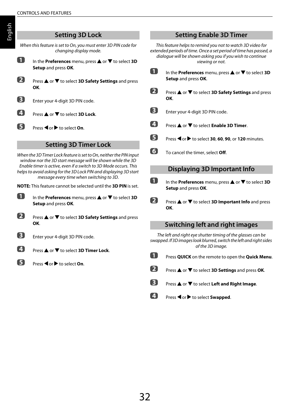 Setting 3d lock, Setting 3d timer lock, Setting enable 3d timer | Displaying 3d important info, Switching left and right images | Toshiba XL975 User Manual | Page 32 / 92