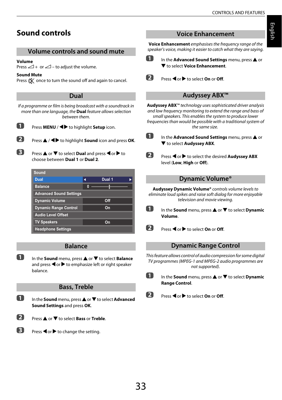 Sound controls, Volume controls and sound mute, Dual | Balance, Bass, treble, Voice enhancement, Audyssey abx, Dynamic volume, Dynamic range control | Toshiba XL975 User Manual | Page 33 / 92