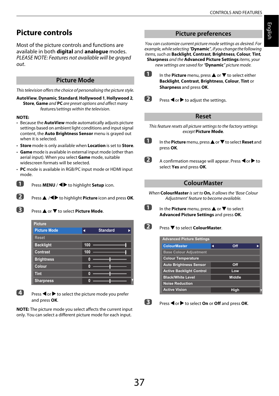 Picture controls, Picture mode, Picture preferences | Reset, Colourmaster, Picture preferences reset colourmaster | Toshiba XL975 User Manual | Page 37 / 92
