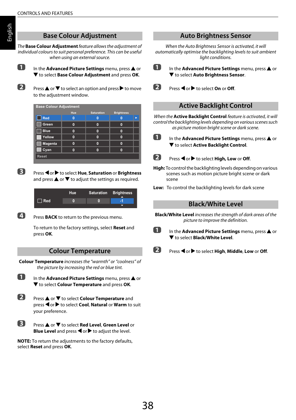 Base colour adjustment, Colour temperature, Auto brightness sensor | Active backlight control, Black/white level, Base colour adjustment colour temperature | Toshiba XL975 User Manual | Page 38 / 92
