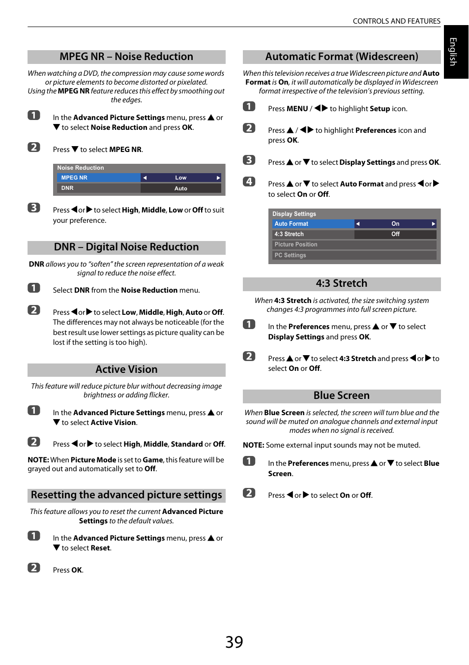 Mpeg nr – noise reduction, Dnr – digital noise reduction, Active vision | Resetting the advanced picture settings, Automatic format (widescreen), 3 stretch, Blue screen | Toshiba XL975 User Manual | Page 39 / 92