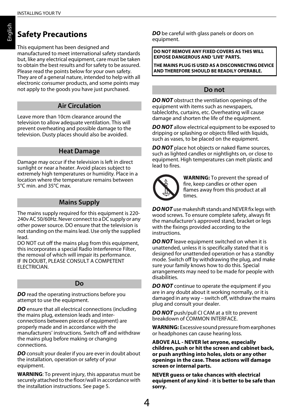 Installing your tv, Safety precautions | Toshiba XL975 User Manual | Page 4 / 92