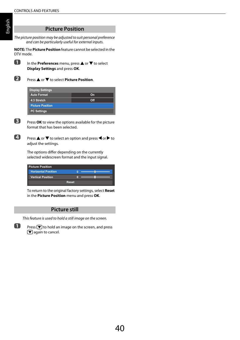 Picture position, Picture still, Picture position picture still | Toshiba XL975 User Manual | Page 40 / 92