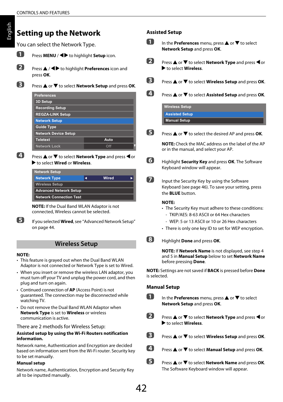 Setting up the network, Wireless setup | Toshiba XL975 User Manual | Page 42 / 92