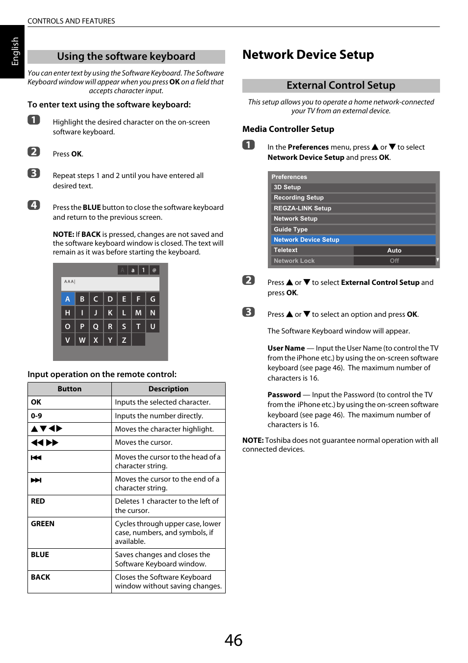 Using the software keyboard, Network device setup, External control setup | Toshiba XL975 User Manual | Page 46 / 92