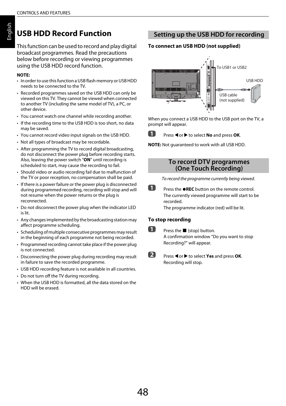 Usb hdd record function, Setting up the usb hdd for recording, To record dtv programmes (one touch recording) | One touch recording) | Toshiba XL975 User Manual | Page 48 / 92