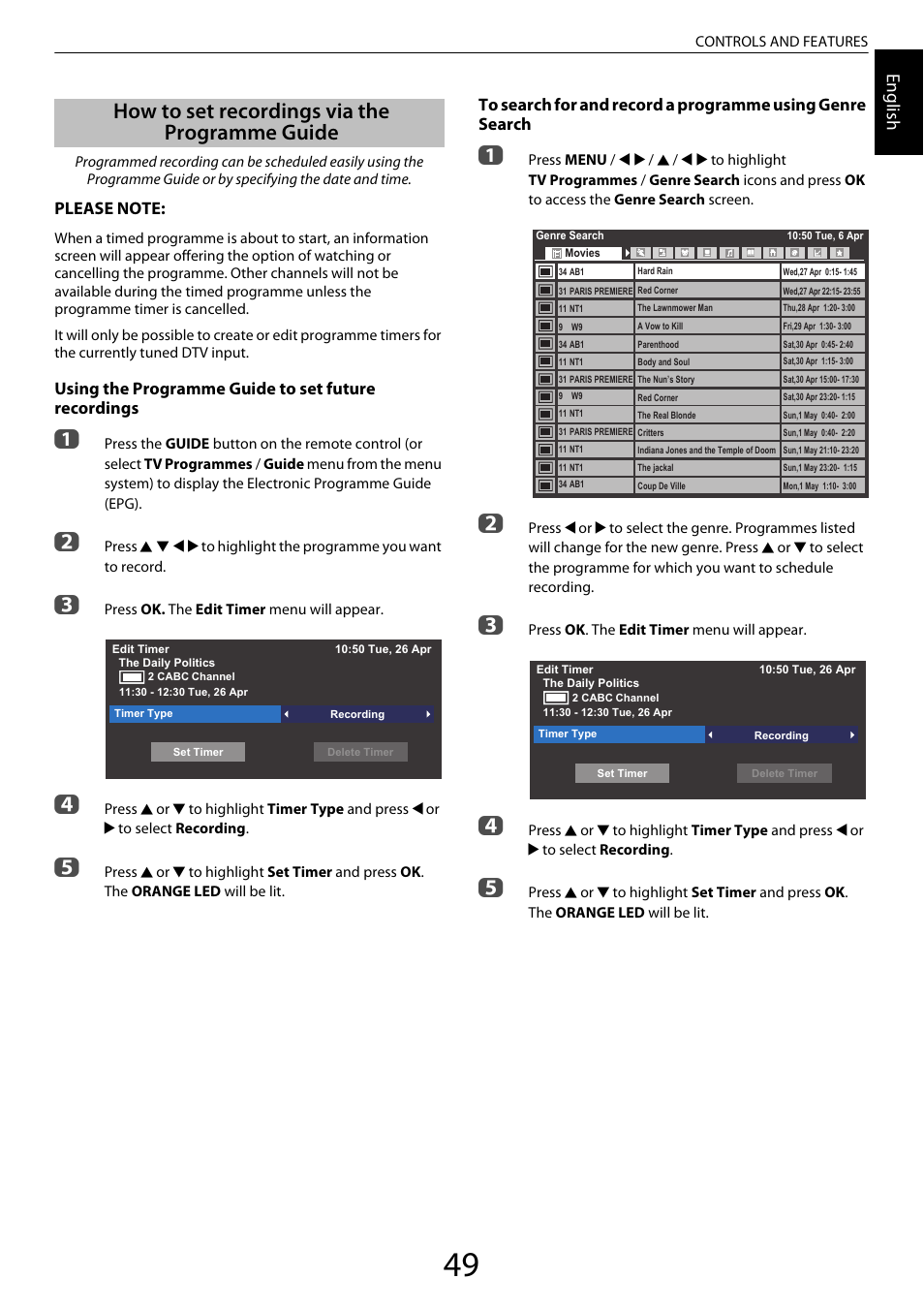 How to set recordings via the programme guide, Engl ish, Using the programme guide to set future recordings | Toshiba XL975 User Manual | Page 49 / 92