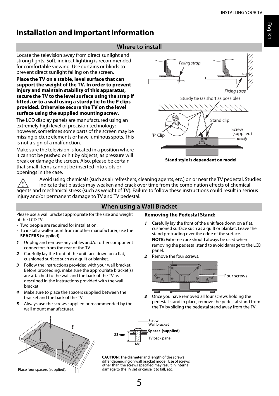 Installation and important information, Where to install, When using a wall bracket | Toshiba XL975 User Manual | Page 5 / 92