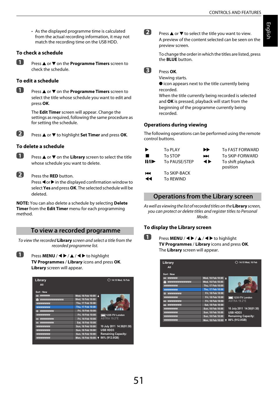 To view a recorded programme, Operations from the library screen, Engl ish | Operations during viewing | Toshiba XL975 User Manual | Page 51 / 92