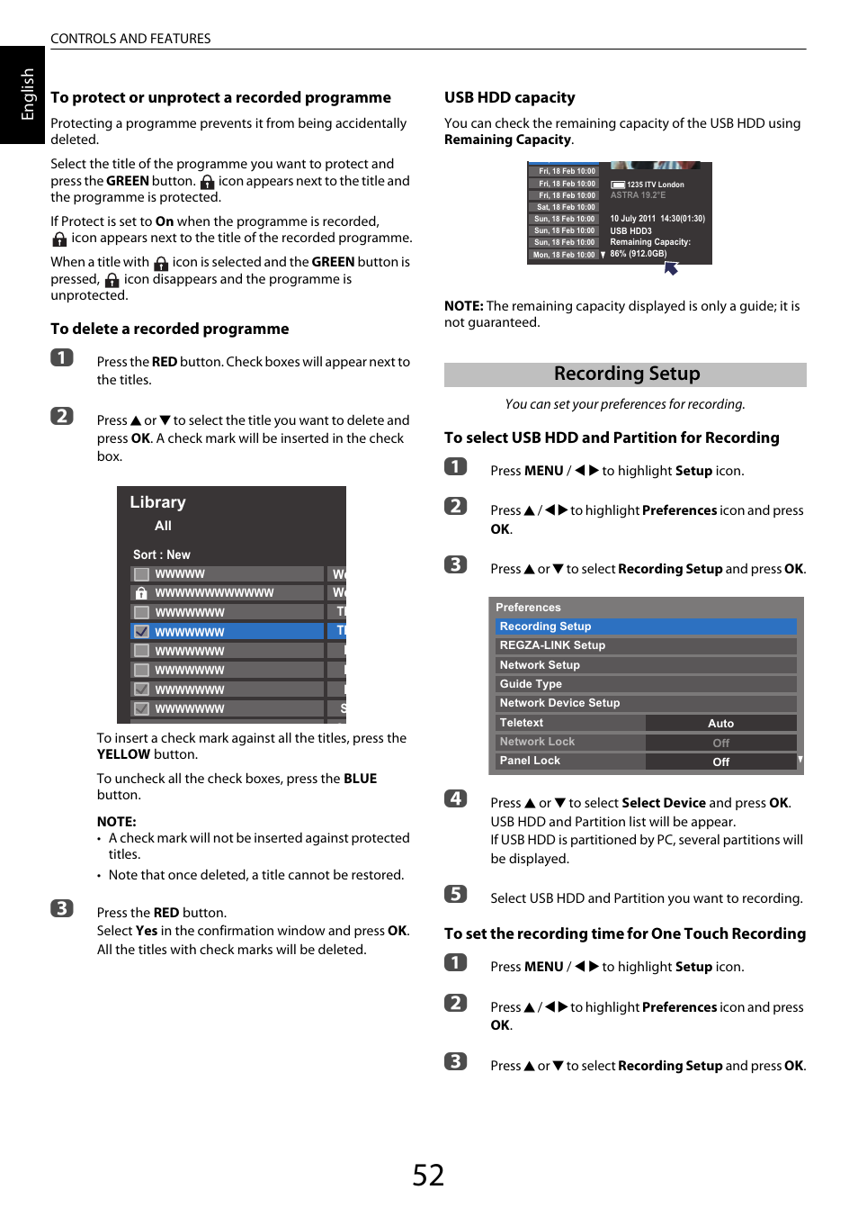 Recording setup, En glis h | Toshiba XL975 User Manual | Page 52 / 92
