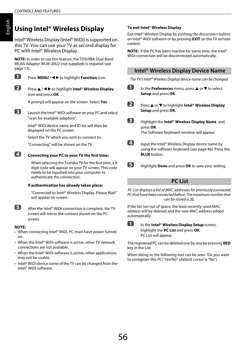 Using intel® wireless display, Intel® wireless display device name, Pc list | Intel® wireless display device name pc list | Toshiba XL975 User Manual | Page 56 / 92